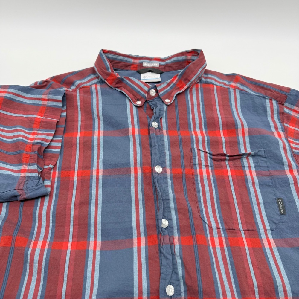 Columbia Mens 3X Regular Fit Plaid Short Sleeve Button Down Red Blue AS9132
